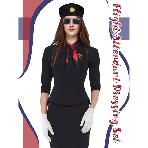 Women Flight Attendant Costume Accessories Set Hat Gloves Sunglasses Scarf Stock main image 5